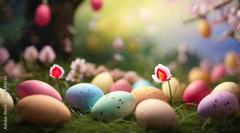 Easter eggs decoration and decoration embedded on the eggs with golden designing  with text copy space in the middle  in blue red  green color with background colors  and rabbits with glitters 