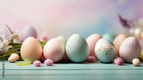 Easter eggs decoration and decoration embedded on the eggs with golden designing with text copy space in the middle in blue red green color with background colors and rabbits with glitters 