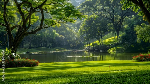 Raintree and many of green tree in the park and pond. Trees and green grass lawn field near lake with tree reflection on water. Lawn in garden on summer. Park with tropical plant. Urban ozone source. 