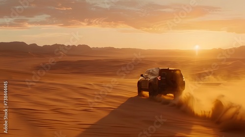 SUV Driving Through Desert Dunes kicking up sand on vast desert landscape at sunset