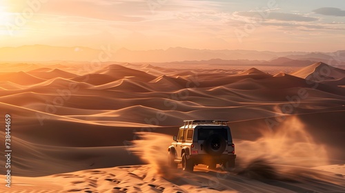SUV Driving Through Desert Dunes kicking up sand on vast desert landscape at sunset © Ziyan Yang