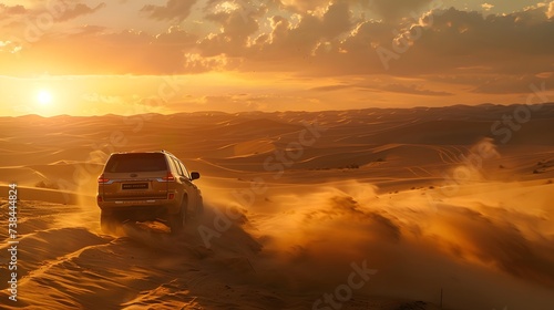 SUV Driving Through Desert Dunes kicking up sand on vast desert landscape at sunset © Ziyan Yang