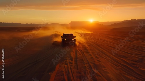 SUV Driving Through Desert Dunes kicking up sand on vast desert landscape at sunset