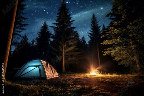 A tent in the forest lit up by the night sky