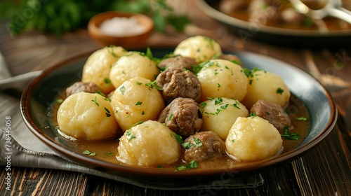 Homemade traditional Polish potato dumplings kopytka served with meat stew close-up in a plate on the table. Horizontal