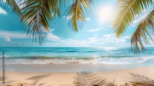 Tropical beach with palm trees during a sunny day A calm and sunny place to rest and dream beach ocean clear clean sand coast beach and tree leaf background © Ziyan Yang