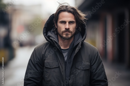 Portrait of a handsome bearded man in a black jacket on the street