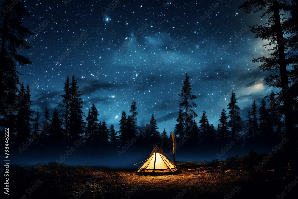 A tent in the forest lit up by the night sky A tent in the forest lit up by the night sky