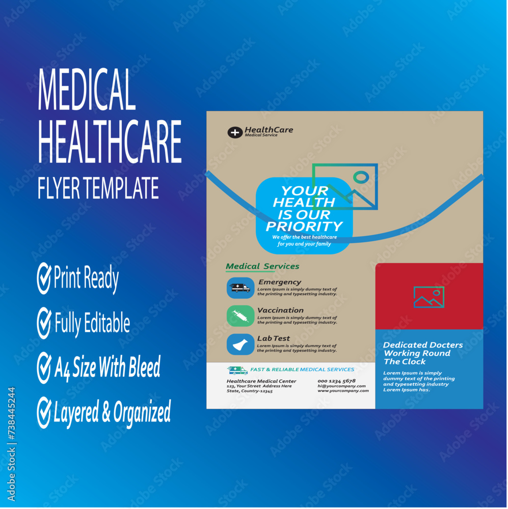 Obraz premium Medical Healthcare Clinic service Flyer Design Leaflets, banner Design Print Ready A4 Size Flyer Vector Template