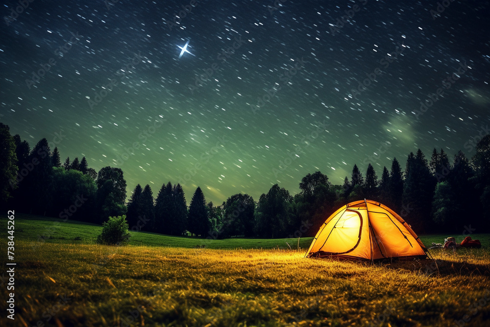 A tent in the forest lit up by the night sky - obrazy, fototapety, plakaty 