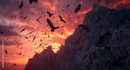 raptors flying behind a mountain at sunset