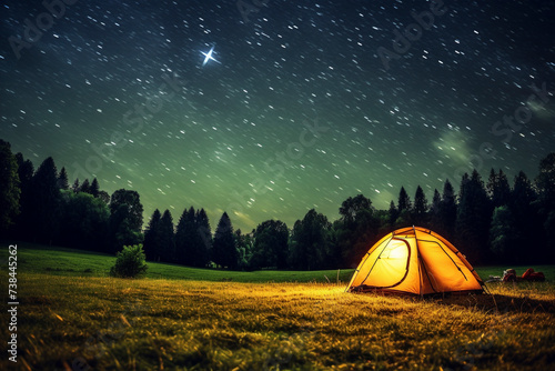 A tent in the forest lit up by the night sky