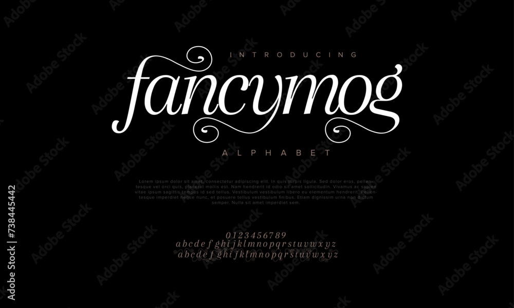 Fancymog premium luxury elegant alphabet letters and numbers. Elegant wedding typography classic serif font decorative vintage retro. Creative vector illustration