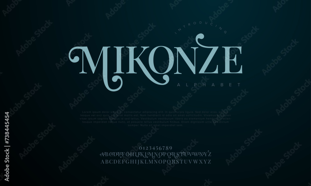 Mikonze premium luxury elegant alphabet letters and numbers. Elegant wedding typography classic serif font decorative vintage retro. Creative vector illustration