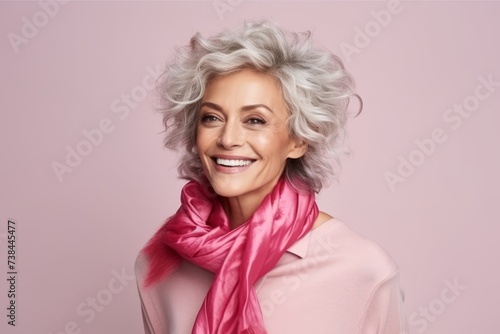 Portrait of smiling senior woman with pink scarf over pink background.