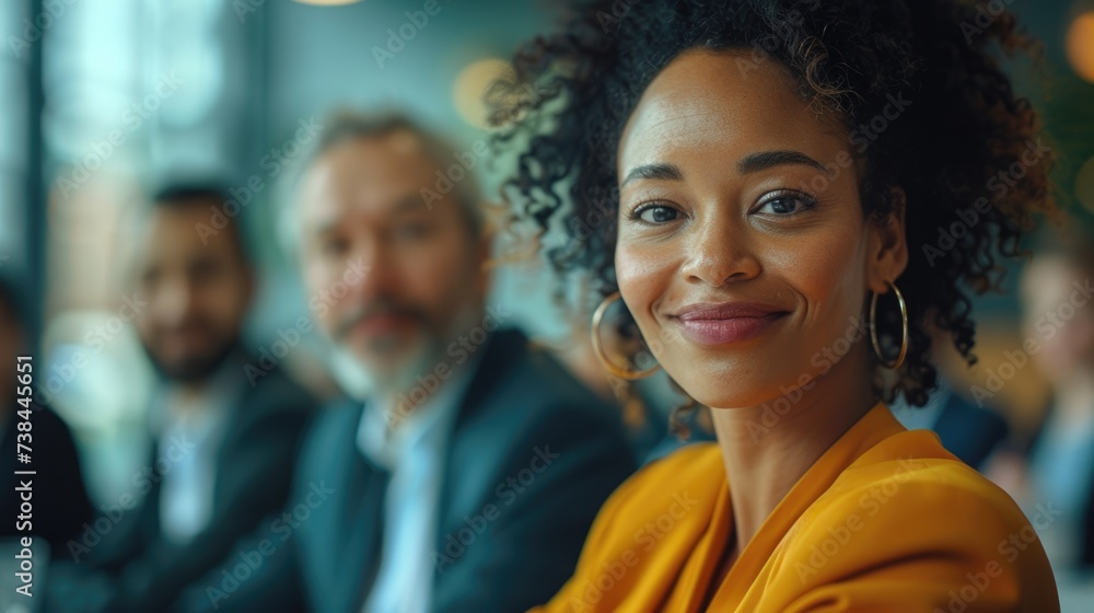 portrait of a african ameircan young woman . Happy Business team in boardroom discussing a project.
