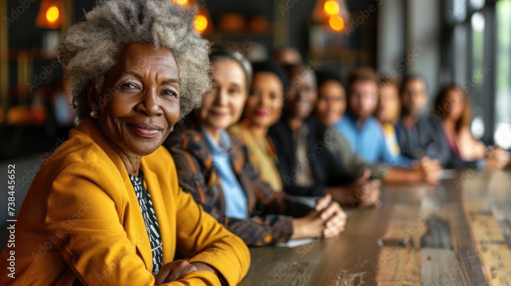 portrait of a african ameircan senior woman . Happy Business team in boardroom discussing a project.