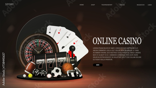 A web banner with sports balls, cards, chips, dice and roulette for poker and casinos. A concept for sports betting.