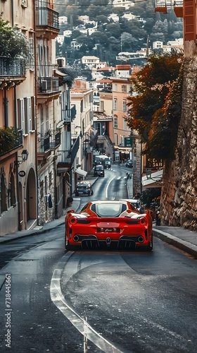 Powerful red sports car overcomes narrow and winding city street
