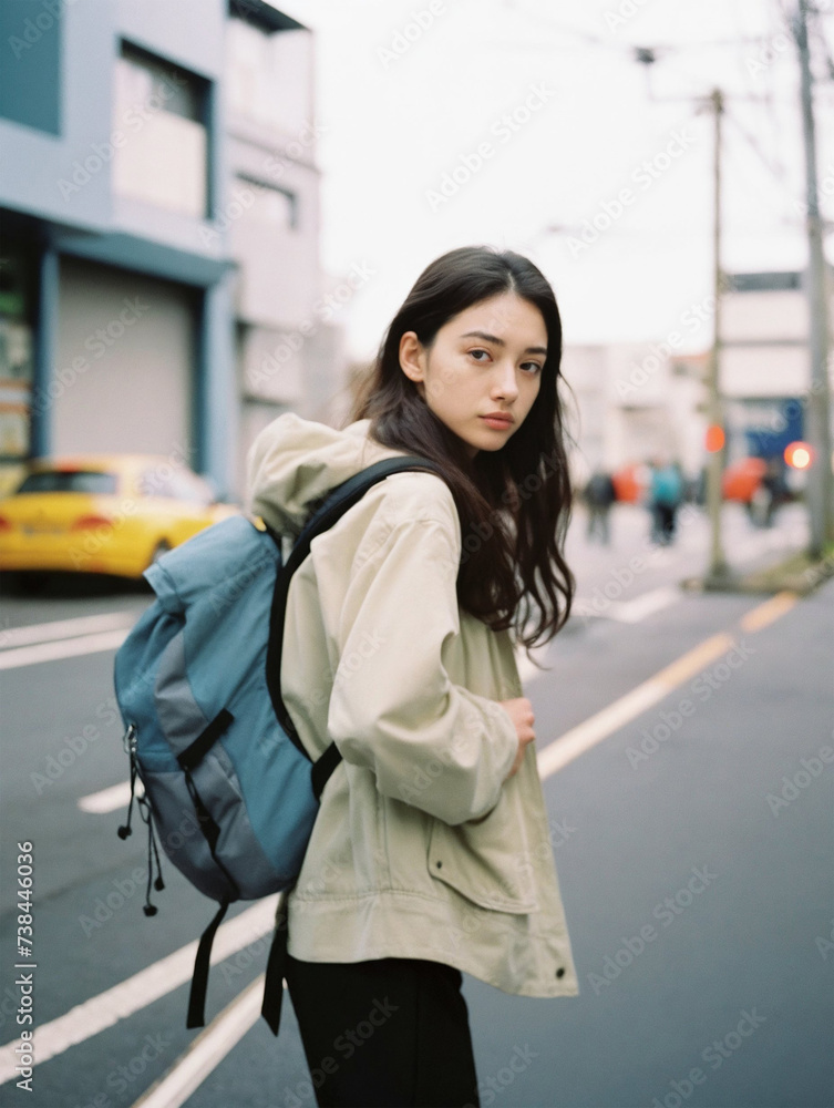 Fototapeta premium リュックを背負って街を歩く女性