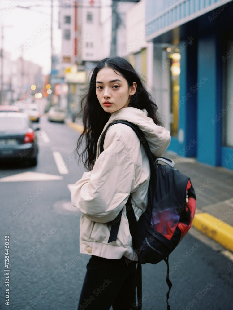 Fototapeta premium リュックを背負って街を歩く女性