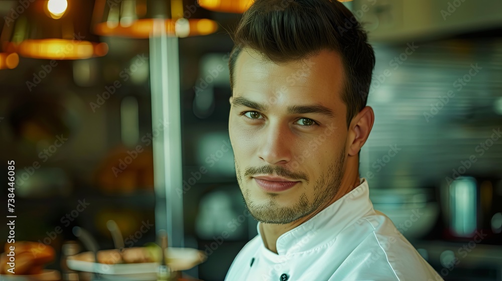 Fototapeta premium Young man cook restaurant kitchen chef wallpaper background