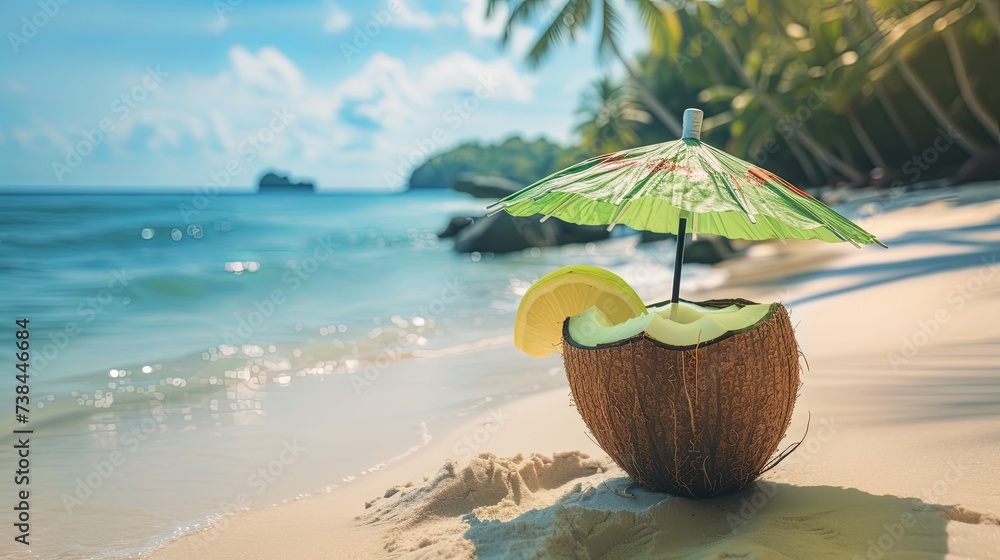 Stickers met Сoconut tropical milk cocktail with umbrella on sea shore wallpaper background
 #738446684