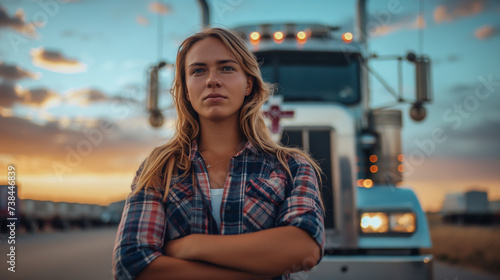 Resilient young female truck driver by her rig, an inspiring figure in the global transportation and logistics industry