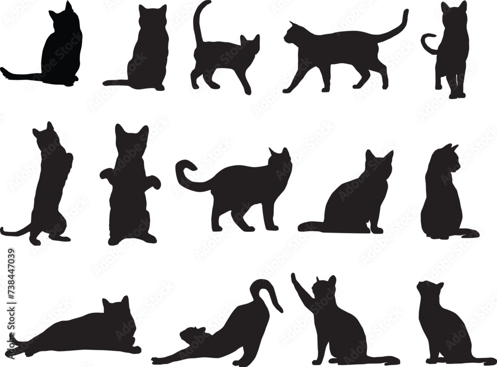 set of cats silhouettes full body in various pose