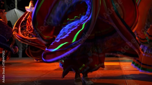 Closeup of women dancing with big flow dresses a Mexican cultural folk dance showing the different ethnic dances of La Paz, Baja California Sur, Mexico in slow motion.
