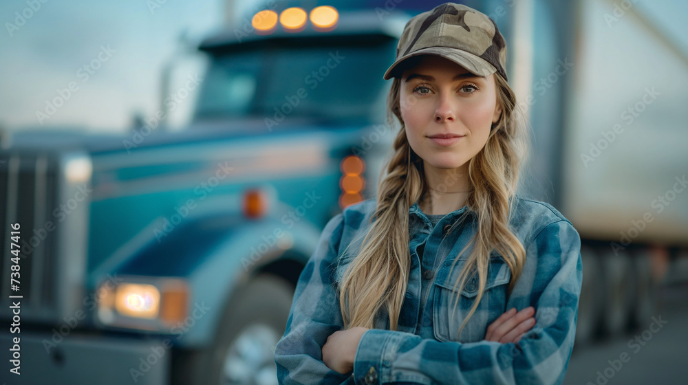 Young female truck driver with her vehicle, representing innovation in logistics management Young female truck driver with her vehicle, representing innovation in logistics management