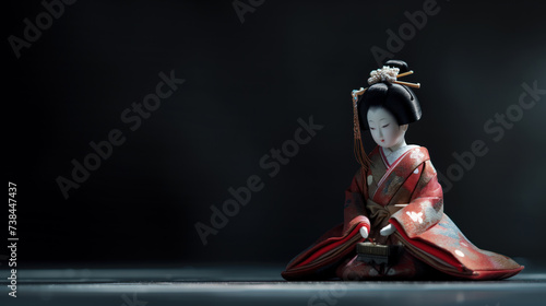 A Japanese female hina doll against a dark black background, Japan.  Lots of room for text.  photo