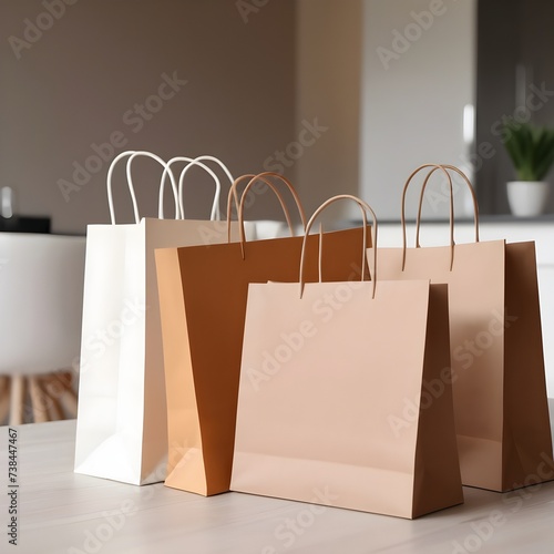 Shopping bags on a table in a modern home. On sale, discount, online shopping. paper bags. 