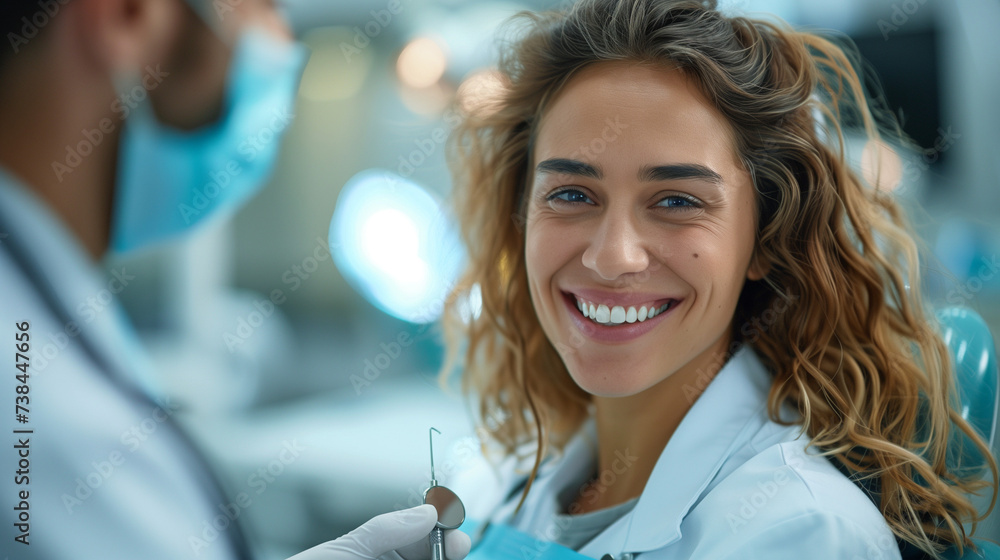 woman in a dental chair at a medical center while a professional doctor fixing her teeth woman in a dental chair at a medical center while a professional doctor fixing her teeth
