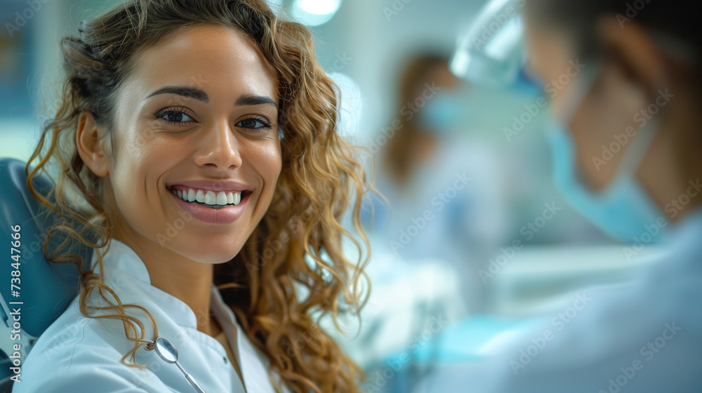 woman in a dental chair at a medical center while a professional doctor fixing her teeth, woman checking her smile after whitening teeth at the dentist woman in a dental chair at a medical center while a professional doctor fixing her teeth, woman checking her smile after whitening teeth at the dentist