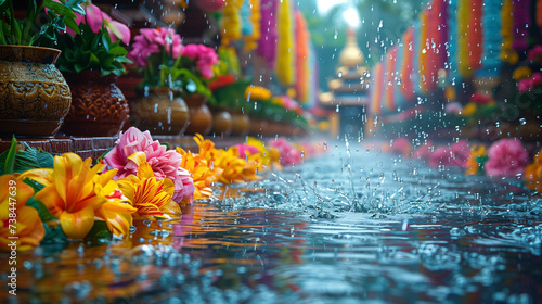 flowers and water outside a temple in Thailand at Songkran festival, 