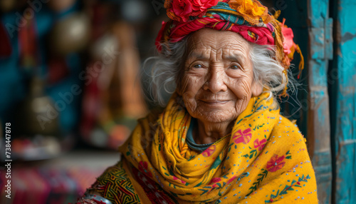 Portrait of an old Mexican countrywoman wearing colorful traditional clothes. 