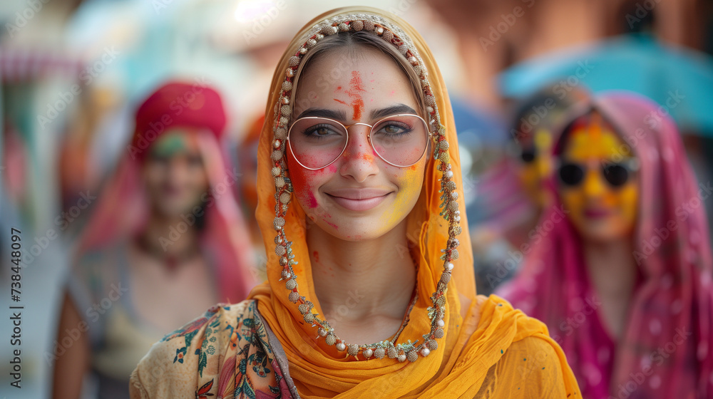 Indan woman at holi festival , people covered in colour at Holi, a Hindu spring festival in India, Holi celebration in Nepal or India