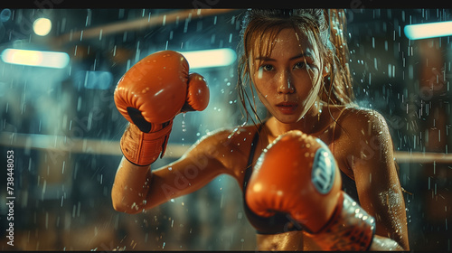 A Thai beautiful fit Female boxer hits a huge punching bag at a boxing studio. Woman Muay Thai boxer training hard with sweating body and water splashing drops
