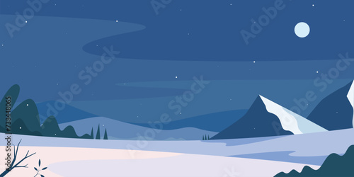 Night Winter Mountains landscape with pines and hills