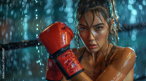 A Thai beautiful Female boxer hits a huge punching bag at a boxing studio. Woman Muay Thai boxer training hard with sweating body 