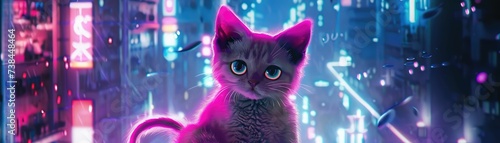 Neon pink cyber kitten eyes aglow amidst a backdrop of futuristic skyscrapers evoking wonder photo