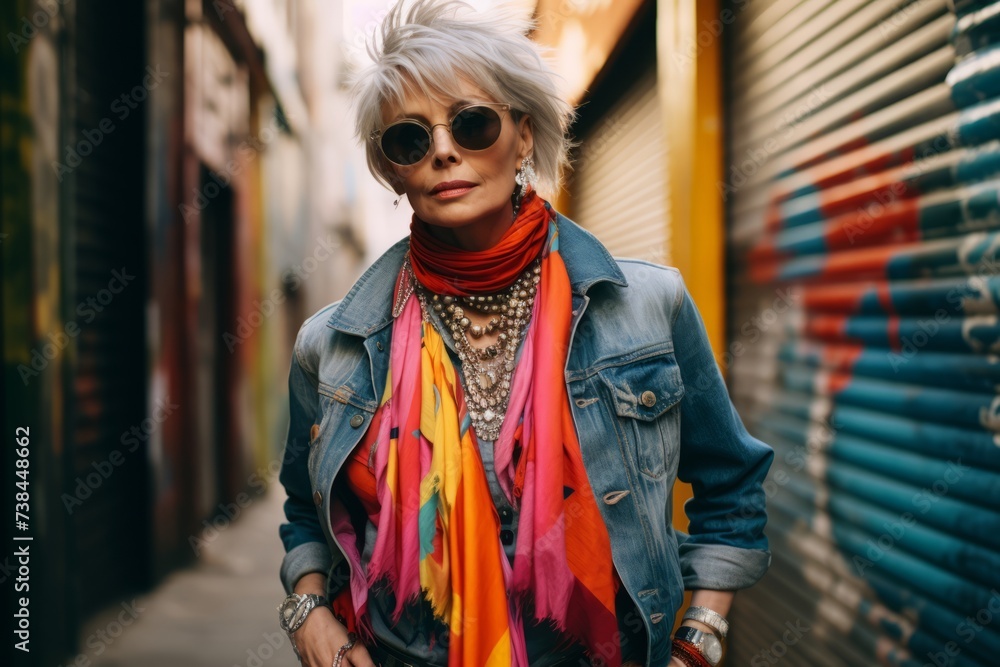 Fashionable middle-aged woman in sunglasses and a colorful scarf in the city. Fashionable middle-aged woman in sunglasses and a colorful scarf in the city.