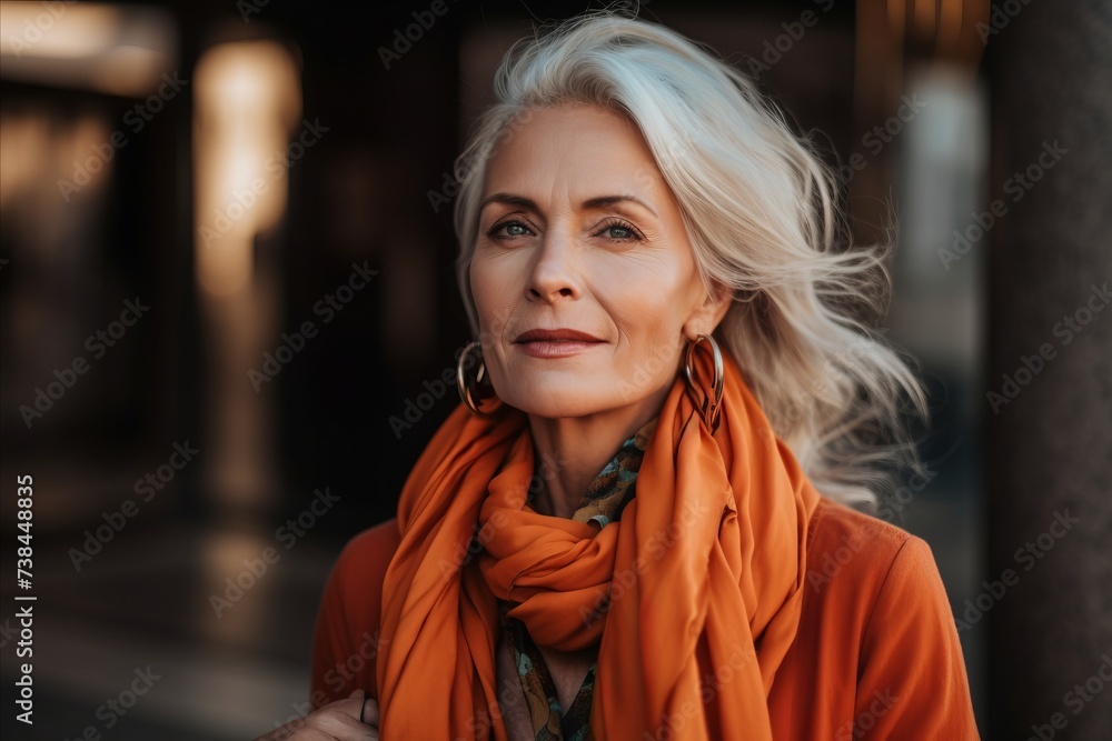 Portrait of a beautiful middle-aged woman in orange scarf. Portrait of a beautiful middle-aged woman in orange scarf.