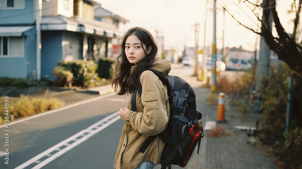 リュックを背負っている女性 リュックを背負っている女性