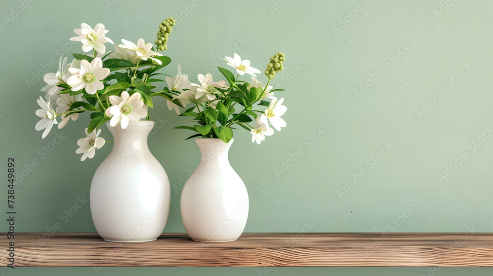 Two white vases on wooden shelf green wall white vases.  Copy Space, Generative Ai