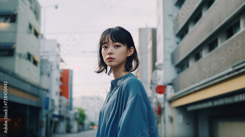 住宅街に立ち振り返る女性