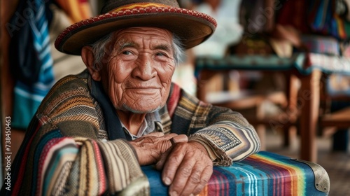 An elderly gentleman in a traditional hat sitting in the corner a colorful suitcase by his side representing the seasoned travelers who have accumulated cultural experiences