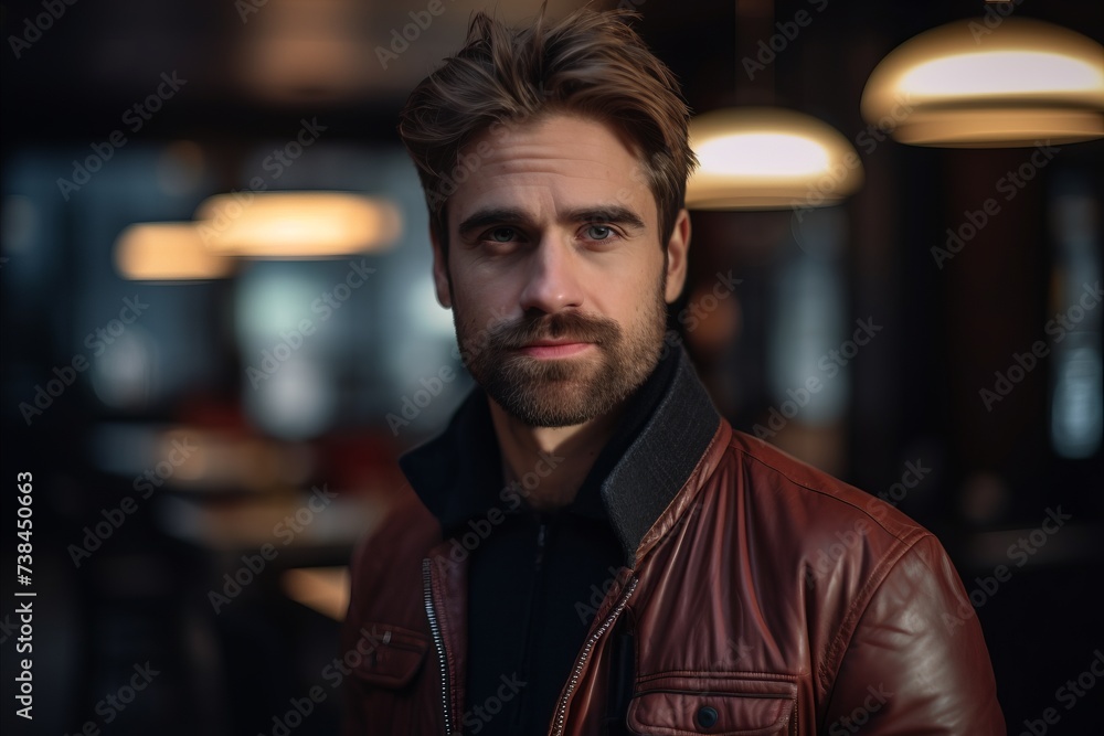 Portrait of a handsome man in a leather jacket. Men's beauty, fashion. Portrait of a handsome man in a leather jacket. Men's beauty, fashion.