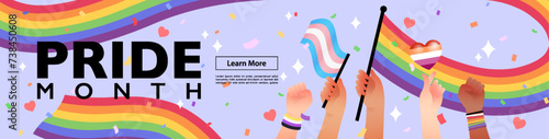 People holding LGBT rainbow and transgender flags with sign language hand gestures celebrating PRIDE month. Vector illustration for banner and Background